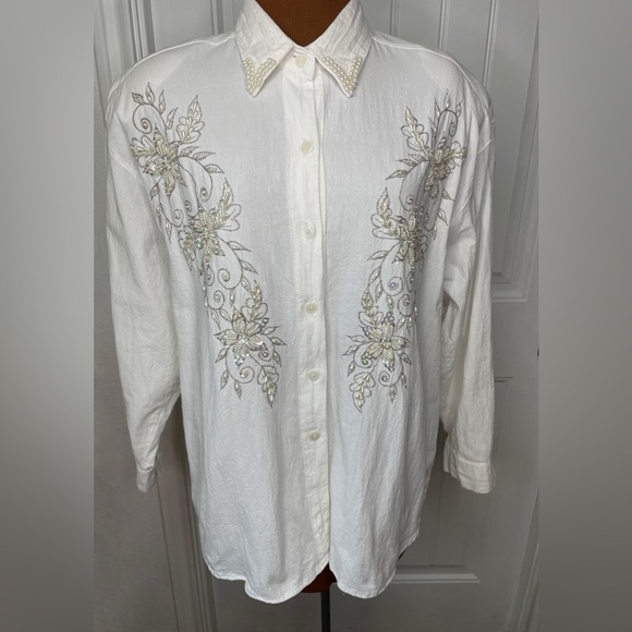 Jane Ashley Beaded Button Down Shirt Sequins White Size Large - Picture 1 of 7